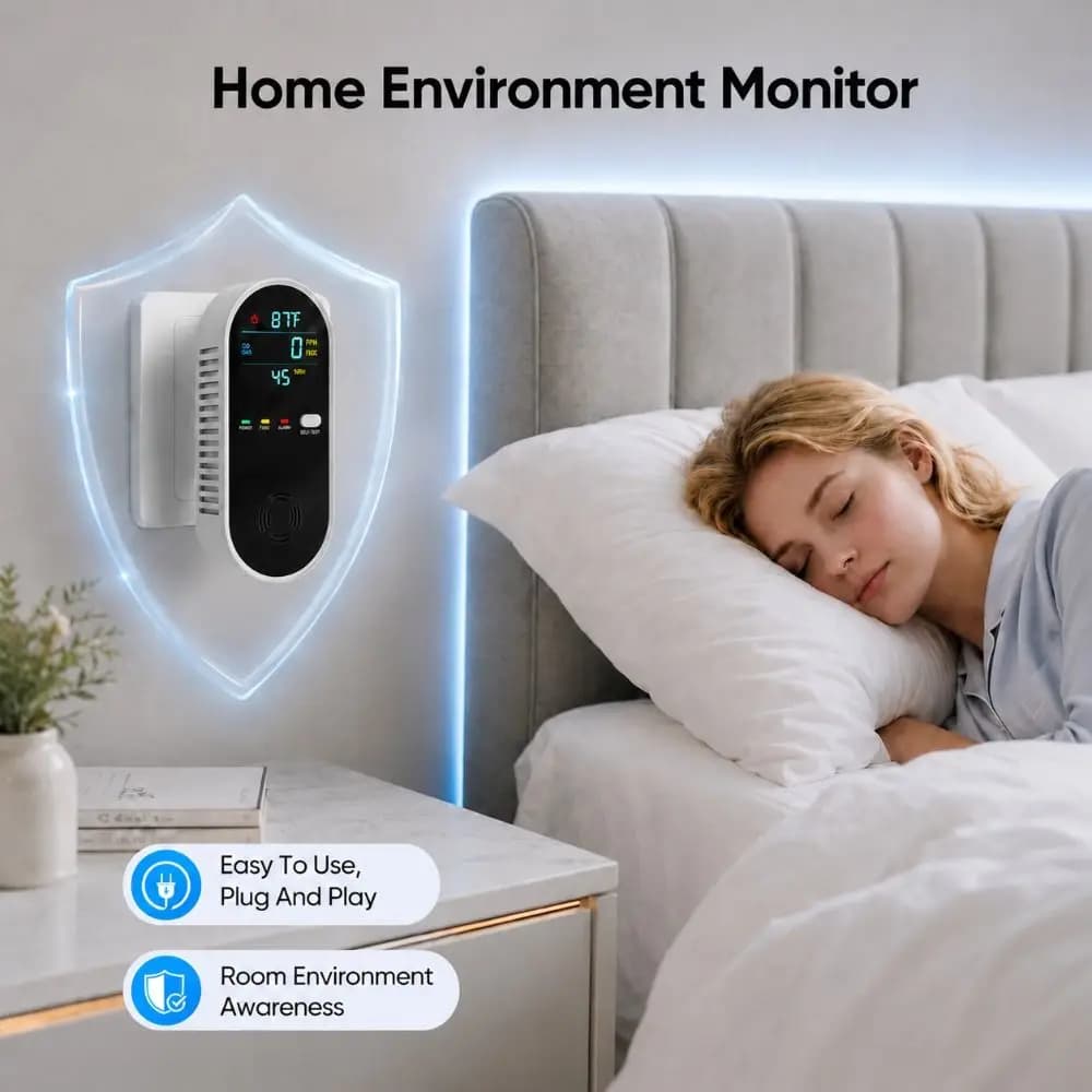 4 in 1 LED Display Gas Detector Safety Alarm Multi-functional Carbon Monoxide Detector Plug In CO Sensor Basement