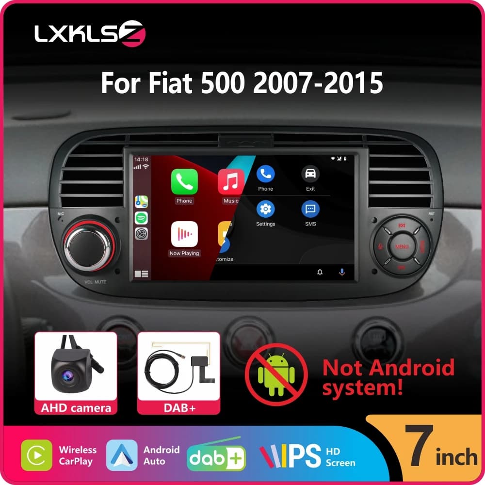 Autoradio touch screen IPS da 7" con carplay wireless DAB + Android Auto per Fiat 500 2007-2015 con telecamera posteriore AHD