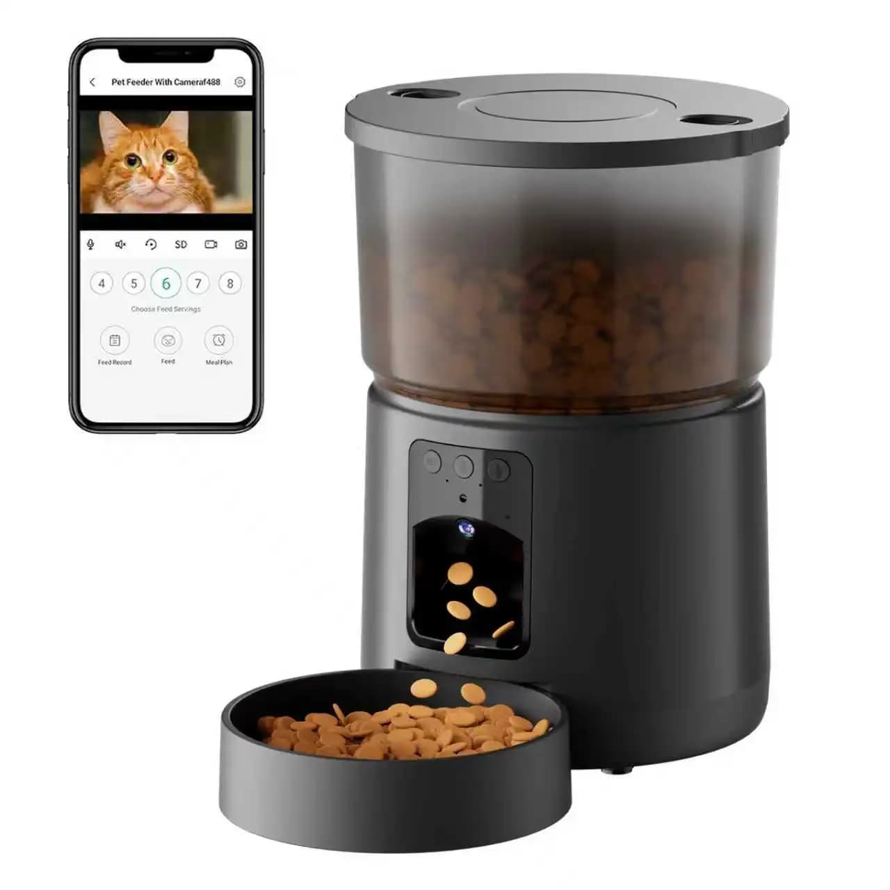 Distributore Automatico di Cibo per Gatti con Telecamera, Alimentatore Intelligente WiFi Dual Band per Cani e Gatti, Design Anti-Intasamento + Interfono Vocale
