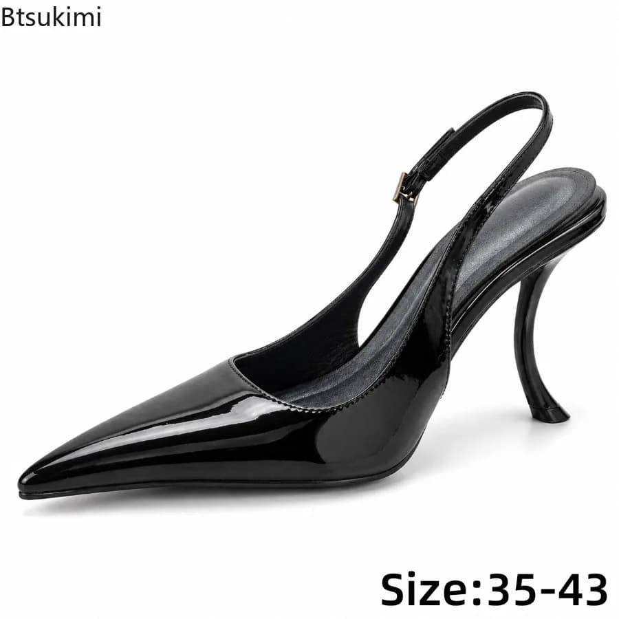 Women Luxury Elegant Glossy Patent Leather Pointed Toe Slingback High Heels Curved Stiletto Heel Evening Party Wedding Pumps
