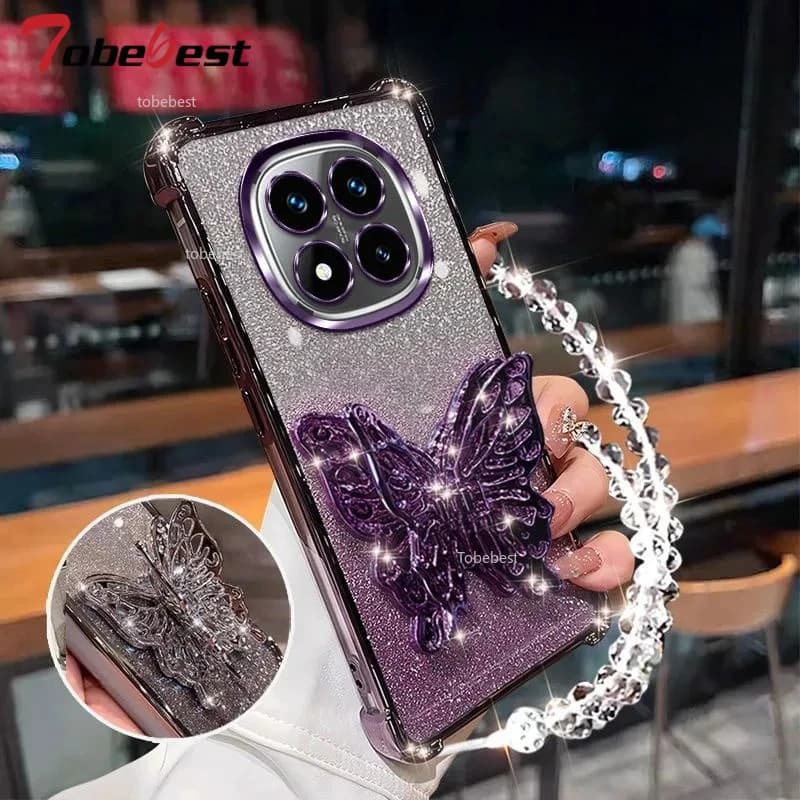 Custodia Antiurto con Glitter e Placcatura per Xiaomi Redmi Note 15 Pro Plus 4G 5G, Cover Posteriore con Supporto Telefono 3D a Farfalla e Braccialetto di Perline