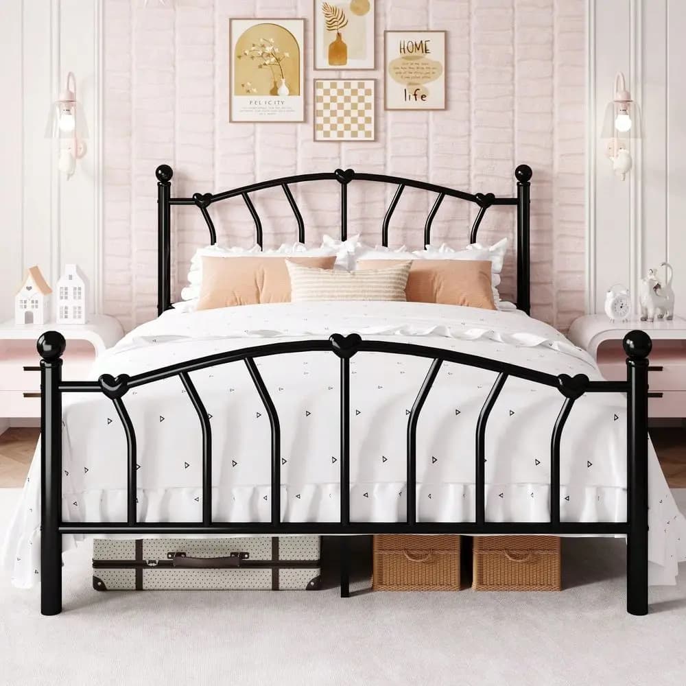 Base letto in metallo da 14 pollici con piattaforma matrimoniale, queen o king size, con testiera e pediera a forma di cuore, in ferro battuto, per materasso