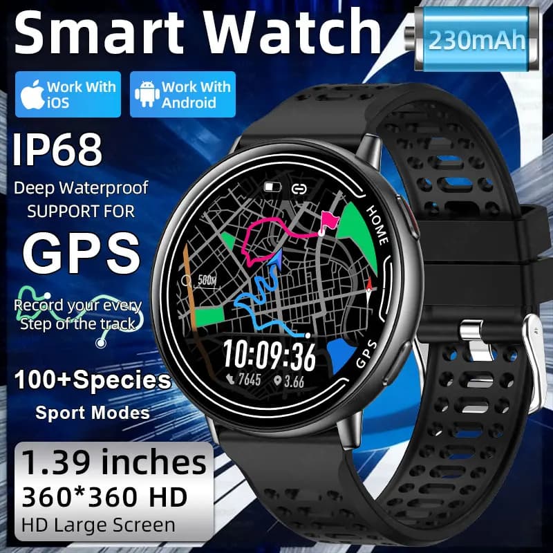 LIGE GPS Smart Watch Monitoraggio della frequenza cardiaca Chiamata Bluetooth Sport all'aria aperta 1ATM Impermeabile Schermo da 1,39 pollici Uomo Donna Smartwatch