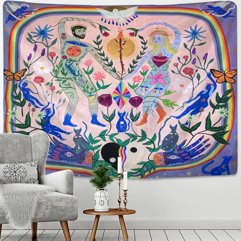 Plant Boy Girl Tapestry Wall Hanging Aesthetics Room Retro Psychedelic Tai Chi Kawaii Hippie Art Home Decor