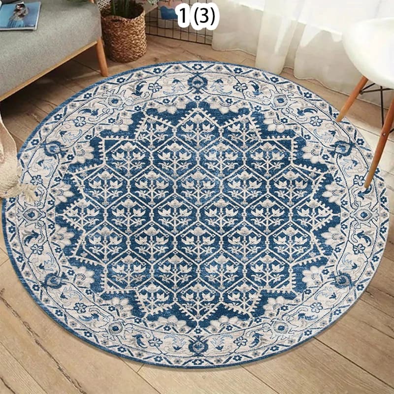 Boho Round Rug Non-Slip Retro Blue White Moroccan Trellis Design Non-slip Washable Carpet for Living Room Bedroom Kids Room
