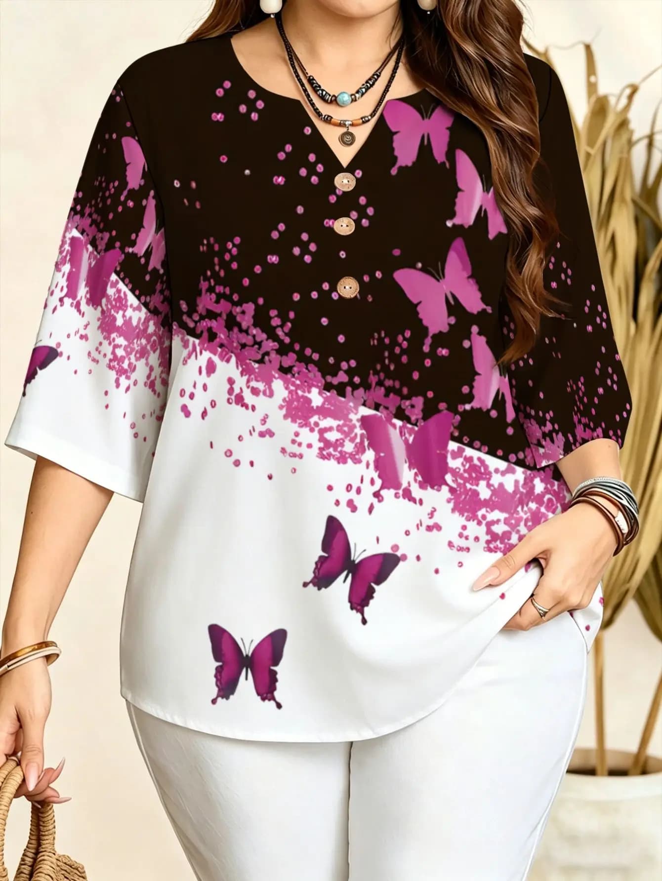 Notch V Neck Printed Blouses Rose Stripe Purple Butterfly Ink Flower Ethnic Paisley Loose 3/4 Sleeve Casual Tops For Women