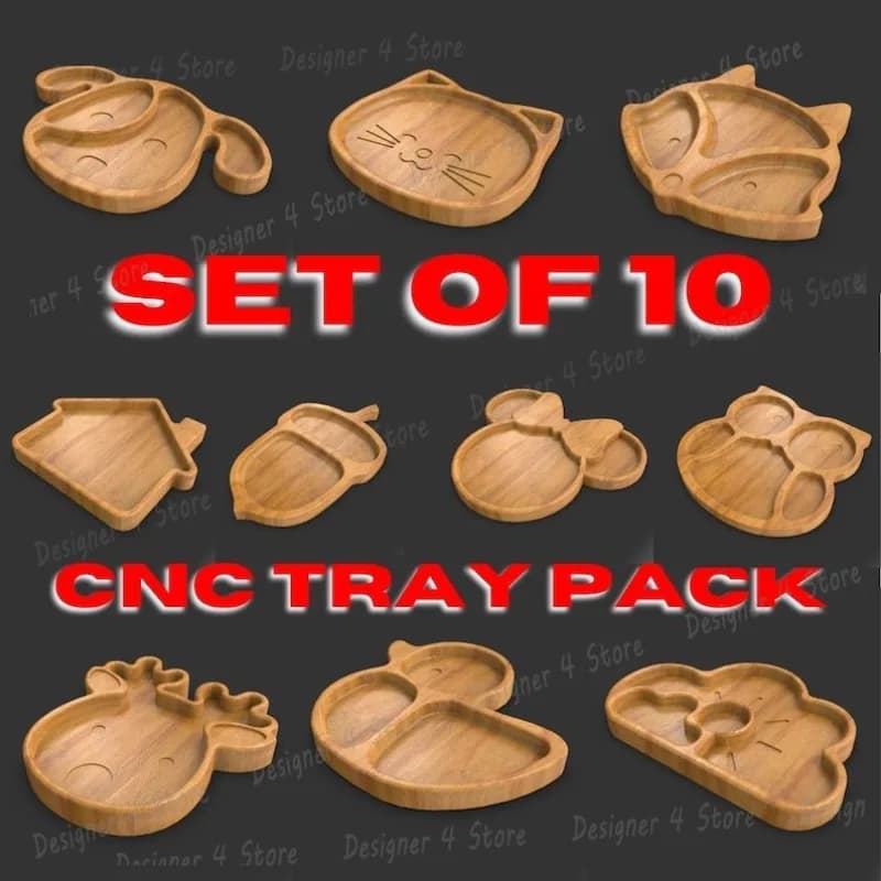 10 Trays Kids Pack - 3D STL and Vector Files for CNC Routers Dxf, Dwg, Eps, Stl, Svg, Cnc Router, Laser Cutter, Engraver
