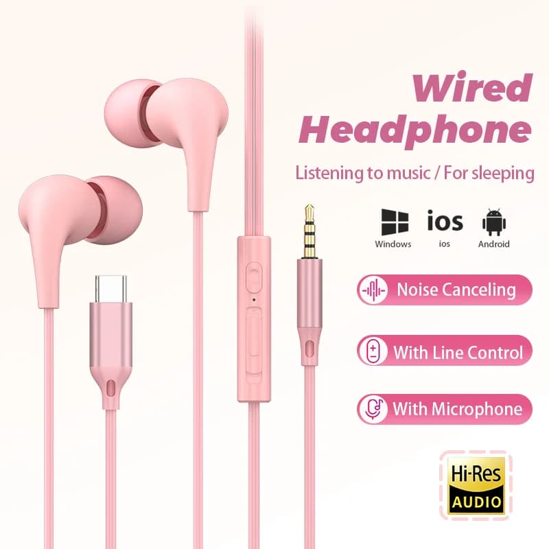 Cuffie USB Type-C con filo, auricolari stereo da 3,5 mm con controllo a filo e microfono, tappi per le orecchie per dormire, compatibili con Samsung, iPhone, Xiaomi