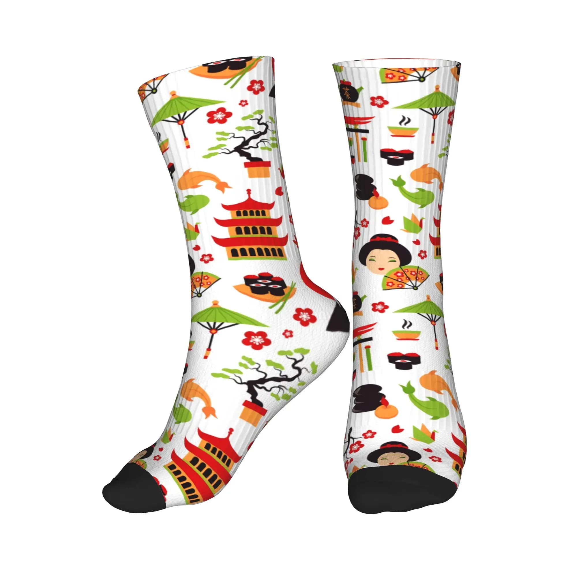 Cool Men's White Japanese Geisha Lucky Cat Dress Socks Unisex Warm Comfortable 3D Print Crew Socks