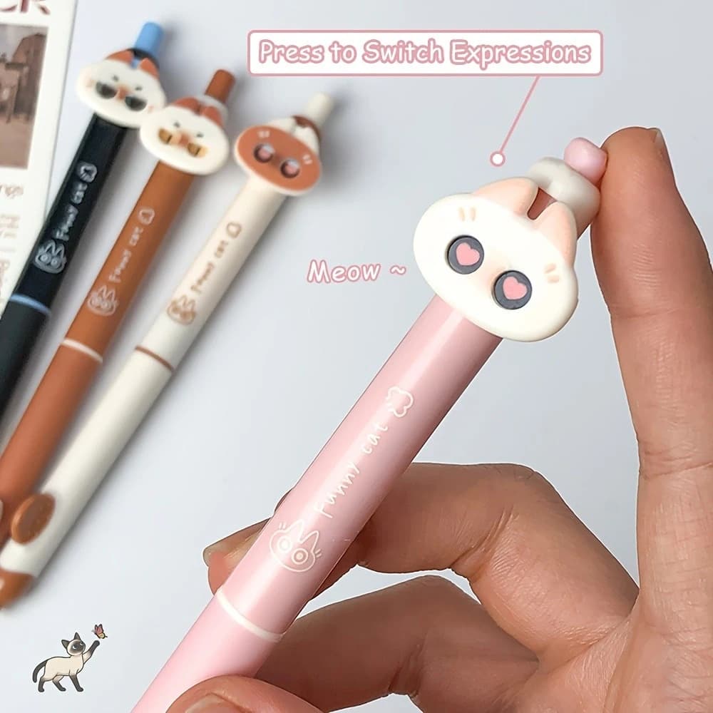 Penna Neutra 4 Fun a Forma di Gatto Siamese 0.5mm, Penna Carina ad Asciugatura Rapida, Creativa con Espressioni del Gatto Intercambiabili