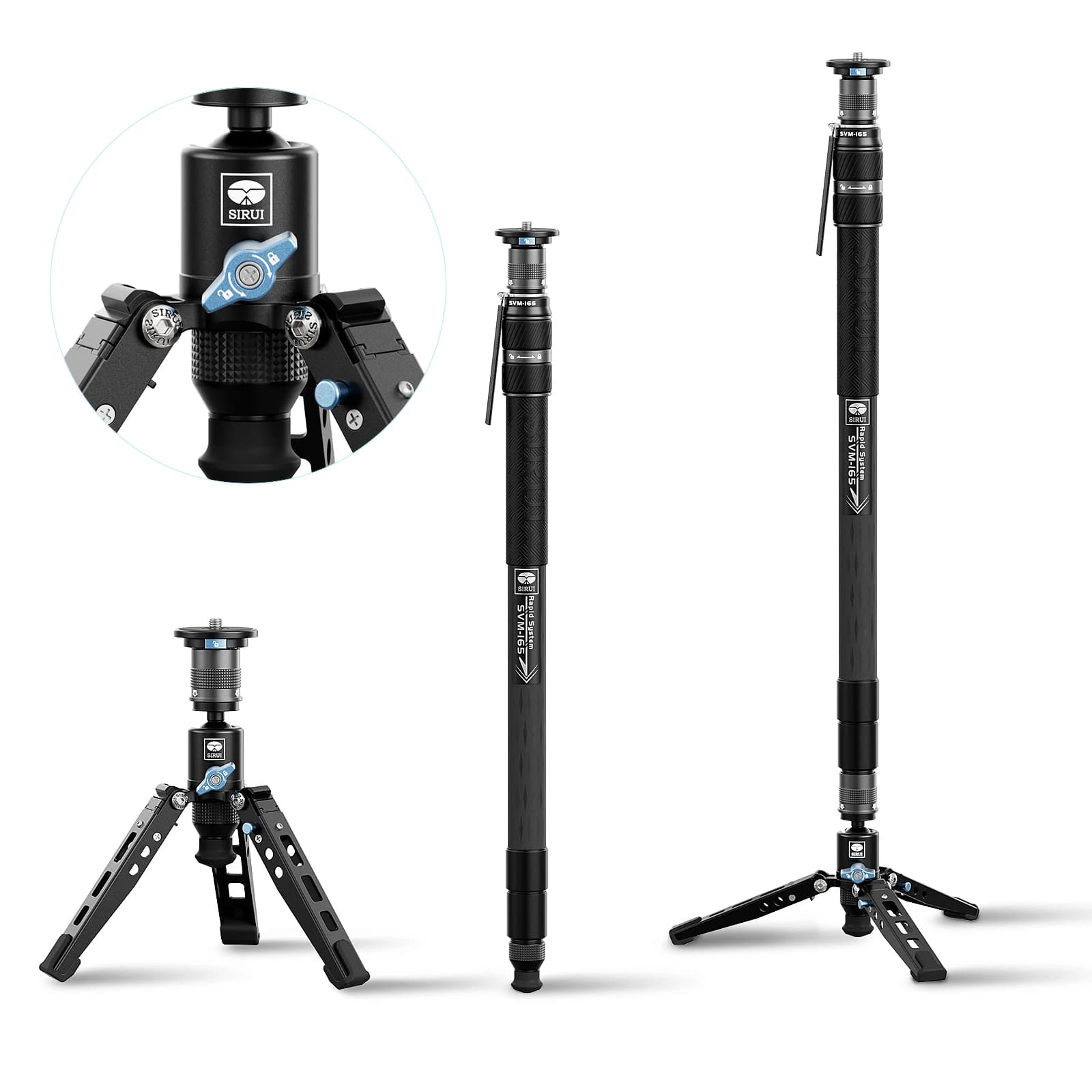 SIRUI Monopiede/Treppiede 3-in-1 in Fibra di Carbonio SVM-165 Compatto e Leggero per Fotocamera DSLR e Testa Video, Carico Rapido 10kg