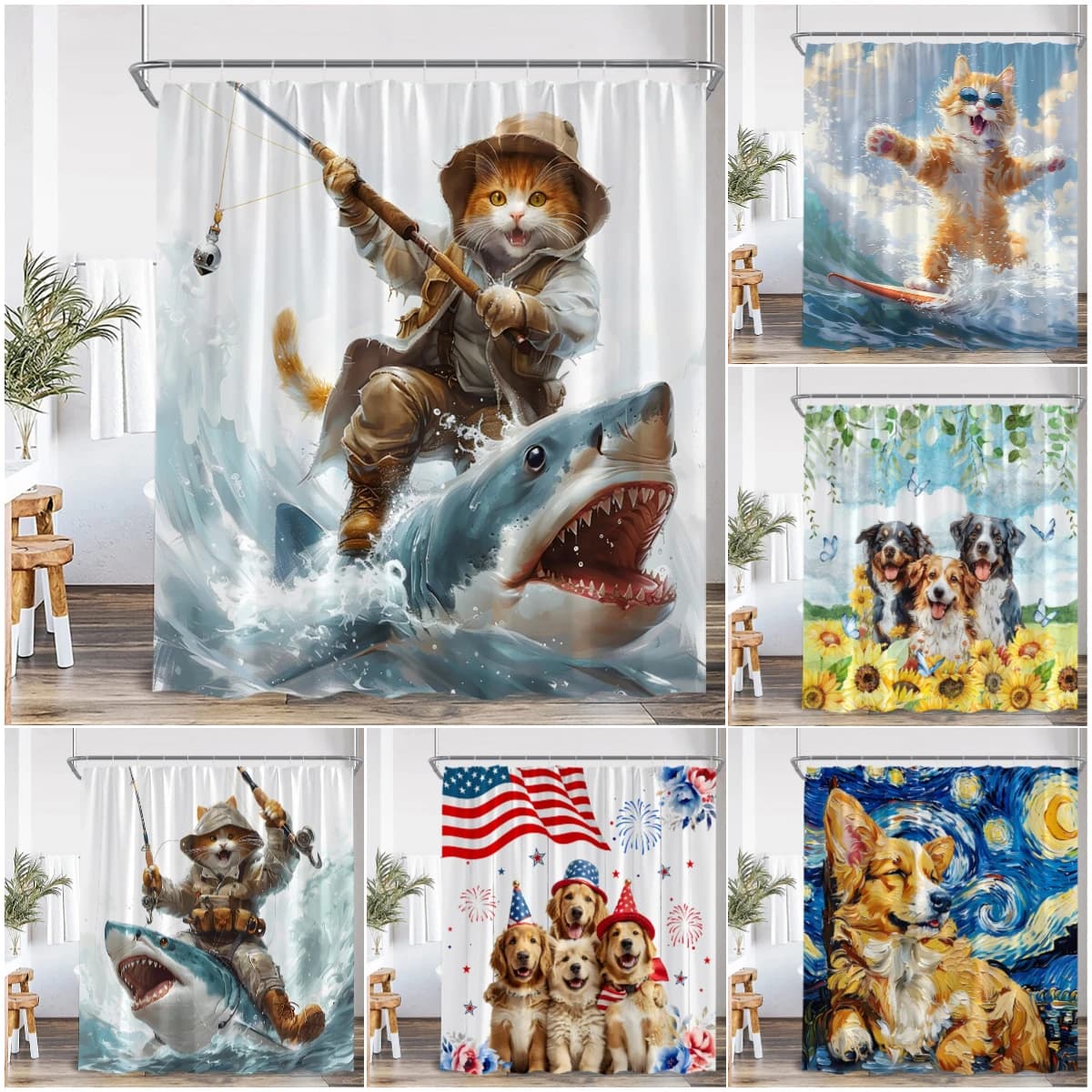 Animali divertenti Tenda da doccia Gatto che cavalca Squalo Corgi Cane Cartone animato Tenda da bagno per bambini Decorazione da bagno in poliestere per bambini con ganci