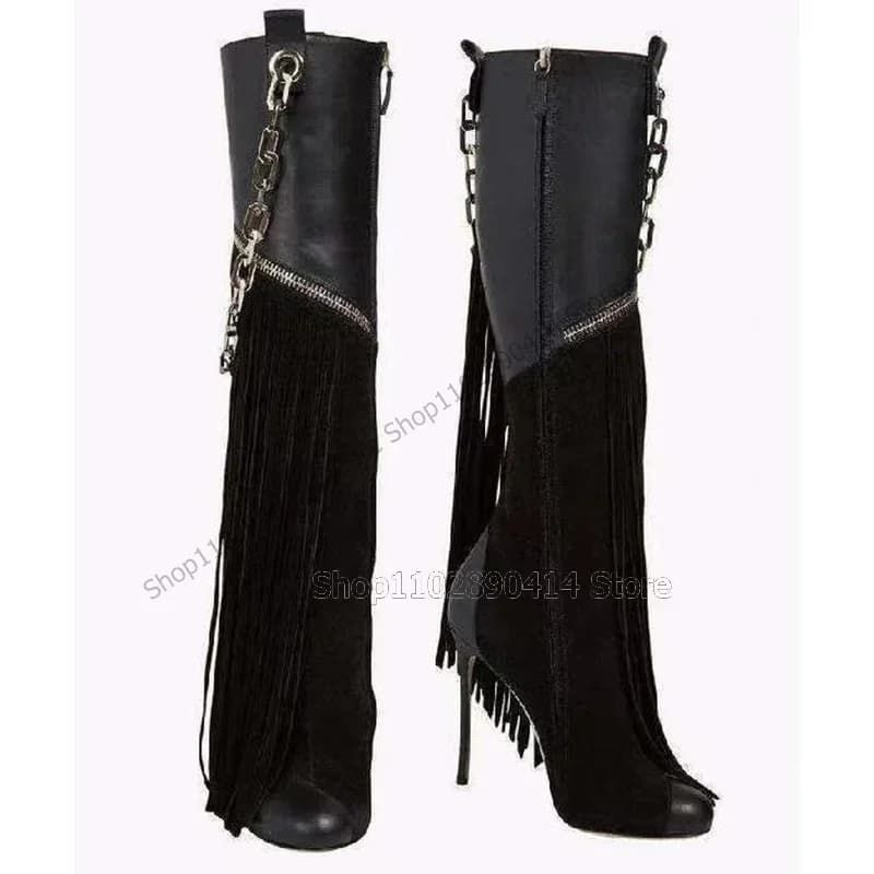 Stivali con Cerniera Decorata con Catena Dorata e Nappe Nere, Scarpe da Donna con Tacco Alto Sottile, Moda Sexy 2023
