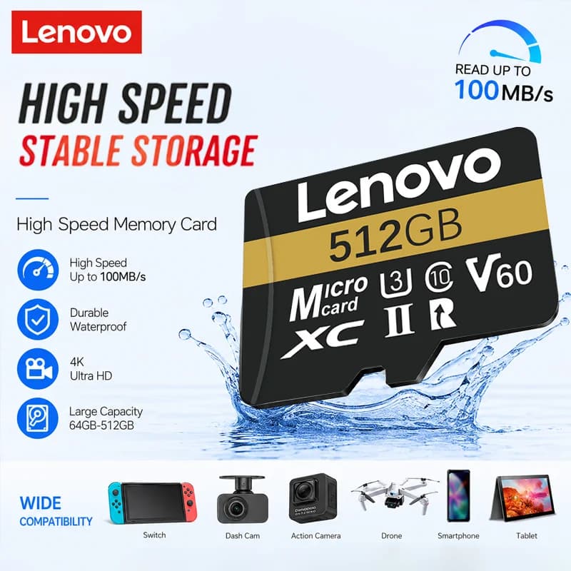 Lenovo Micro SD Card 128GB 64GB 512GB 256G Micro SD Flash Memory Card SD U3 4K V60 Microsd TF Cards For Switch Camera