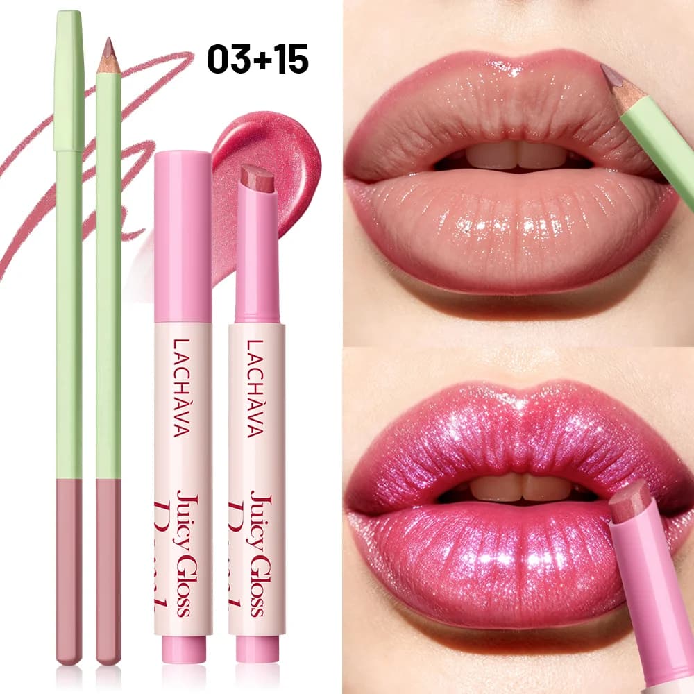 Lip Liner & Juicy Gloss 2 Pack, Smooth High Pigment Lip Contour Pencil, Shiny Glass Finish Lip Gloss, Long Wear Fadeless Daily