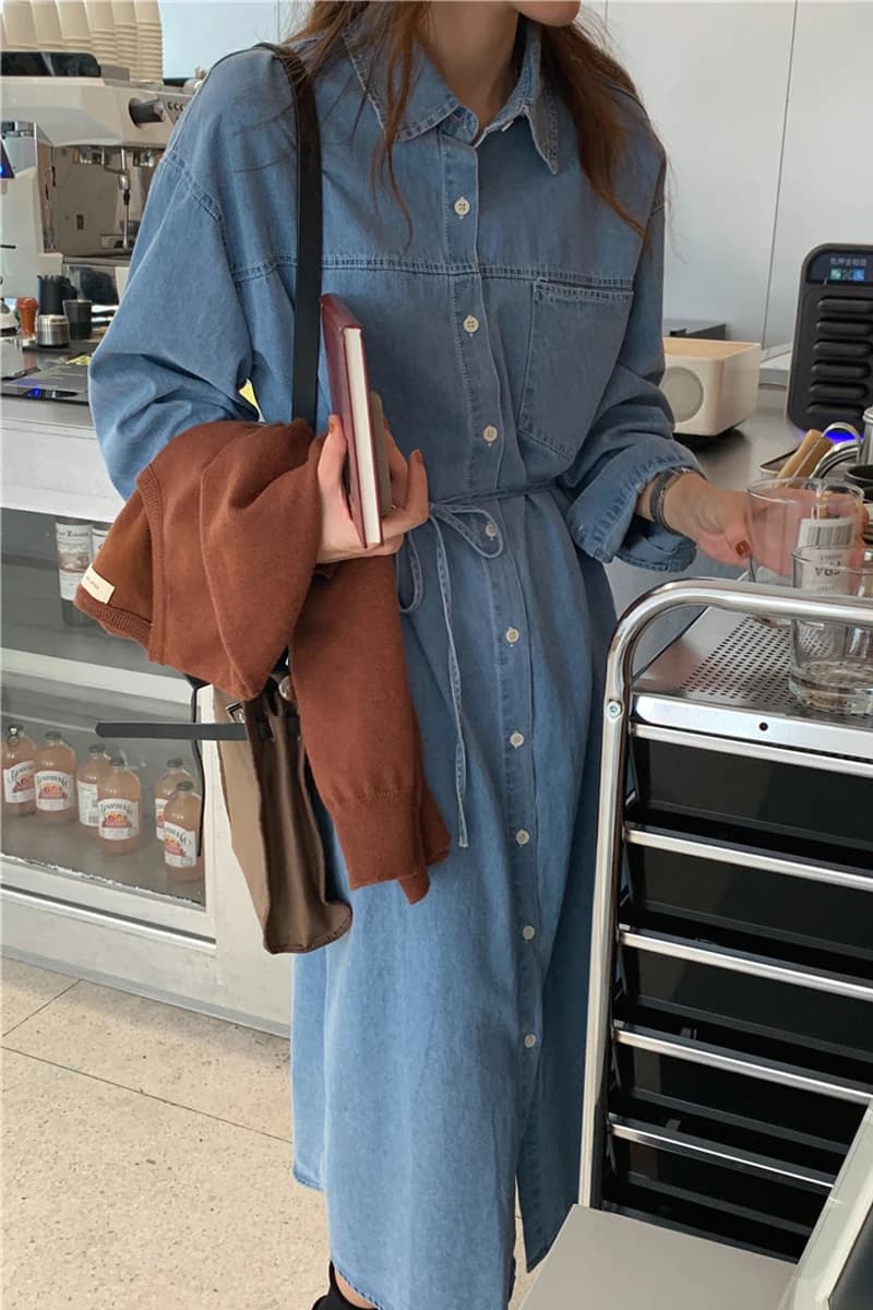 Chic Long Sleeve Denim Dress Women's High Waist A-Line Skirt Single Button Loose Fit Waist Cinched Belted Long Dress