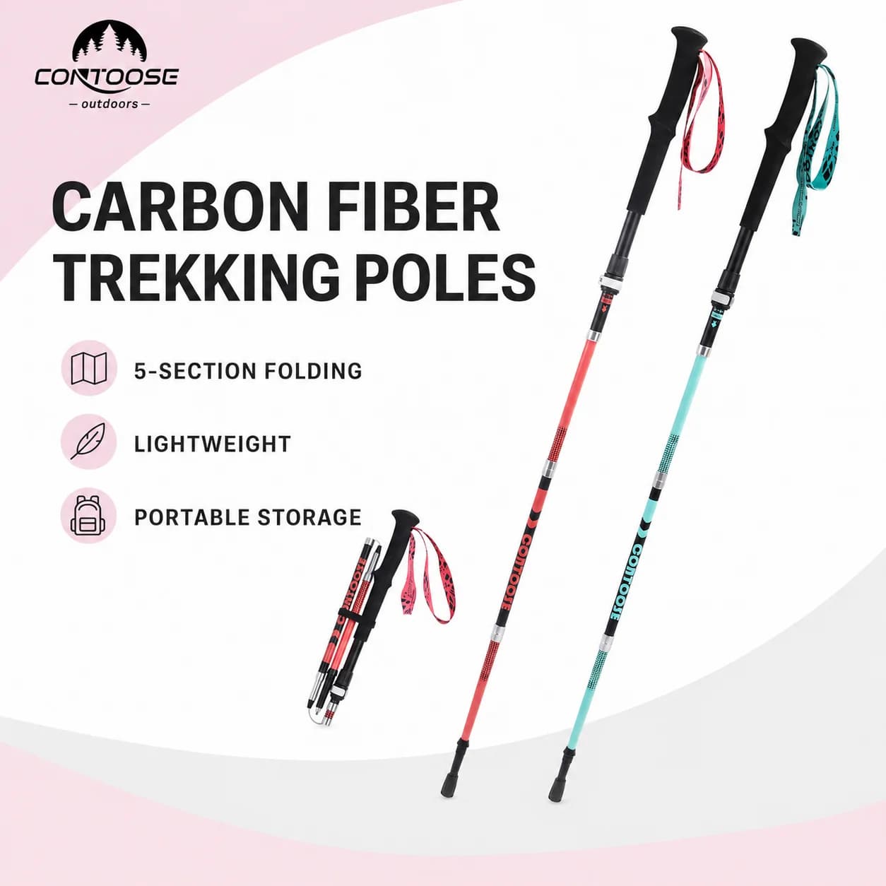 Carbon Fiber Folding Trekking Pole 105-125cm Adjustable Ultralight 5-Section Hiking Walking Stick for Trail Running Travel