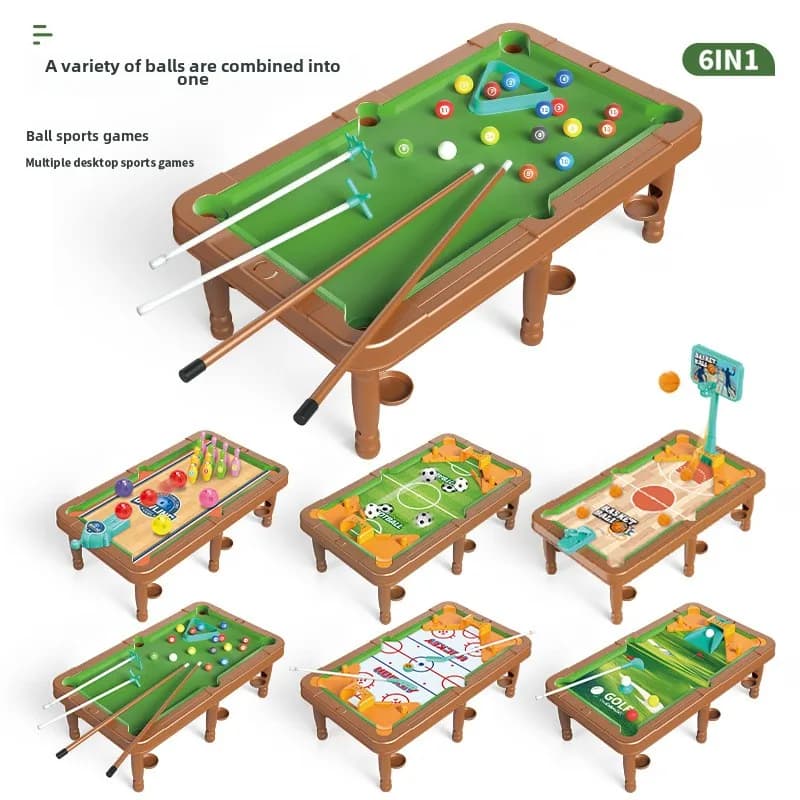 Set da gioco da tavolo multifunzionale per bambini 6 in 1, basket, calcio, bowling, hockey su ghiaccio, golf, biliardo