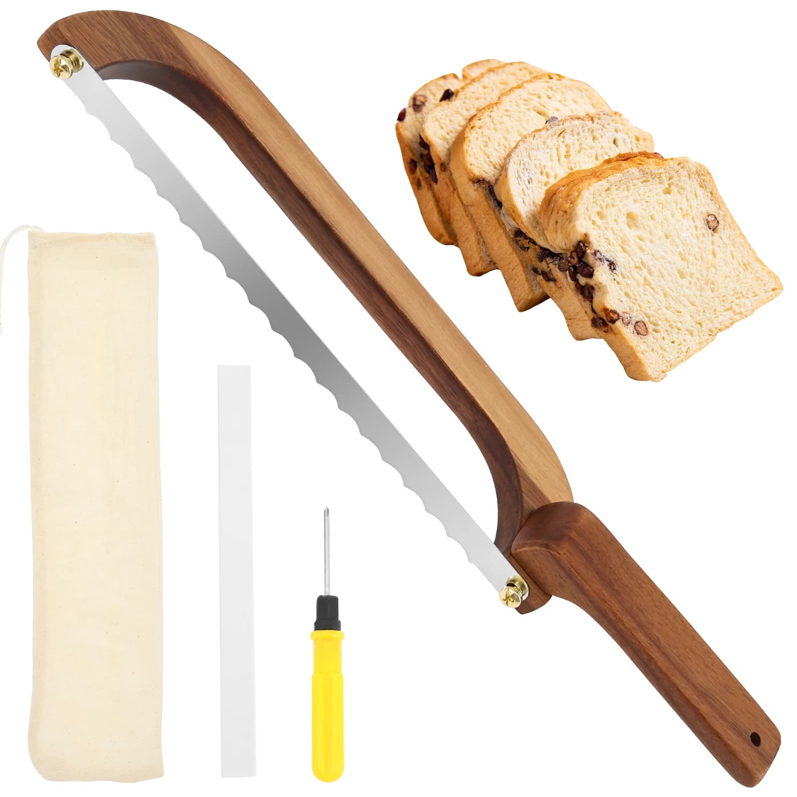 Curved knife in wood for bread, hand slicer for natural leavening bread with stainless steel blade for baguette, bagel, baker gift, kitchen tool