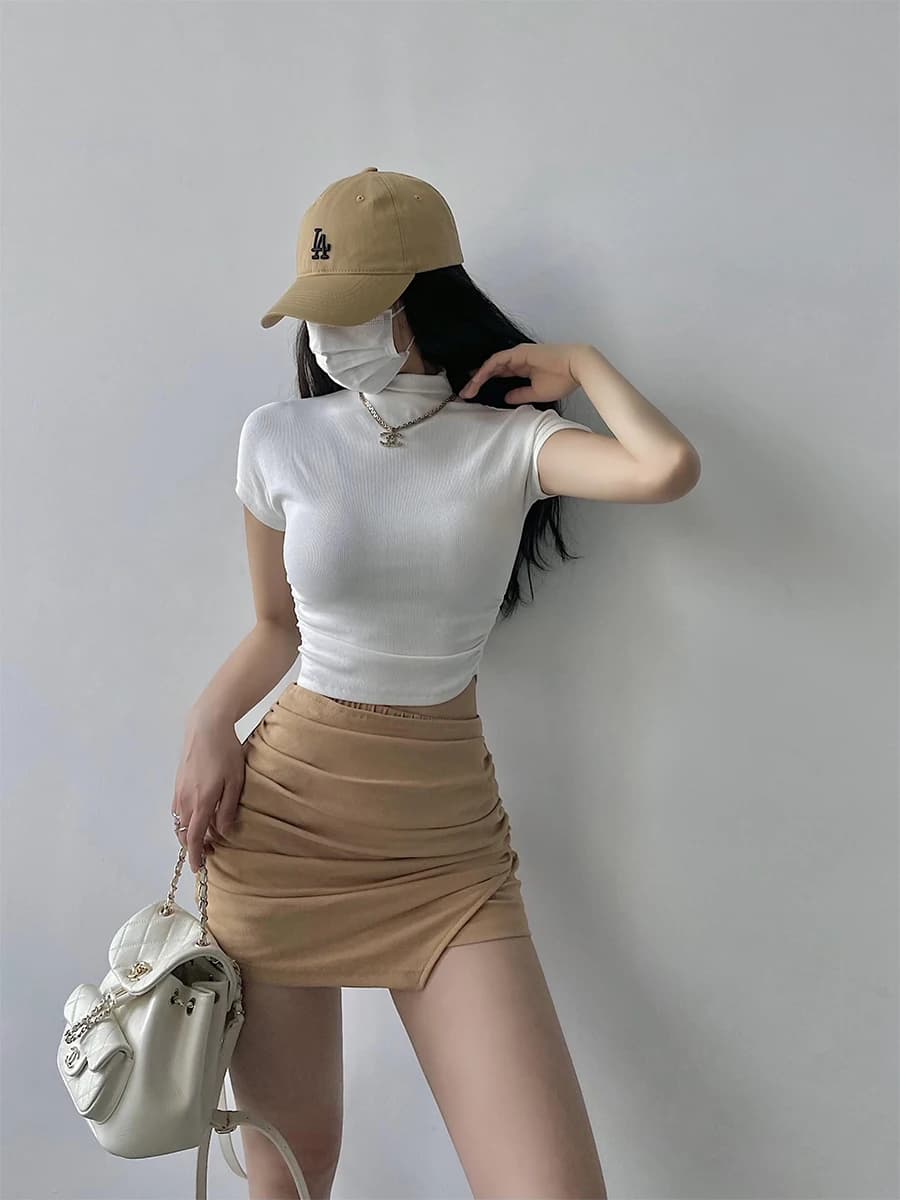 Pantaloncini sexy a vita alta con pieghe, pantaloncini di sicurezza elasticizzati, gonna a mezza lunghezza, colore puro, tendenza moda donna estiva