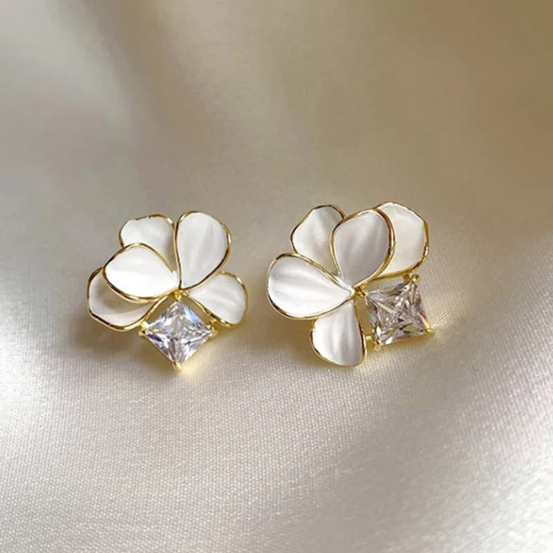 Orecchini a perno coreani rosa con fiore e goccia d'olio per donna, eleganti orecchini geometrici quadrati con zirconi di cristallo, gioielli regalo