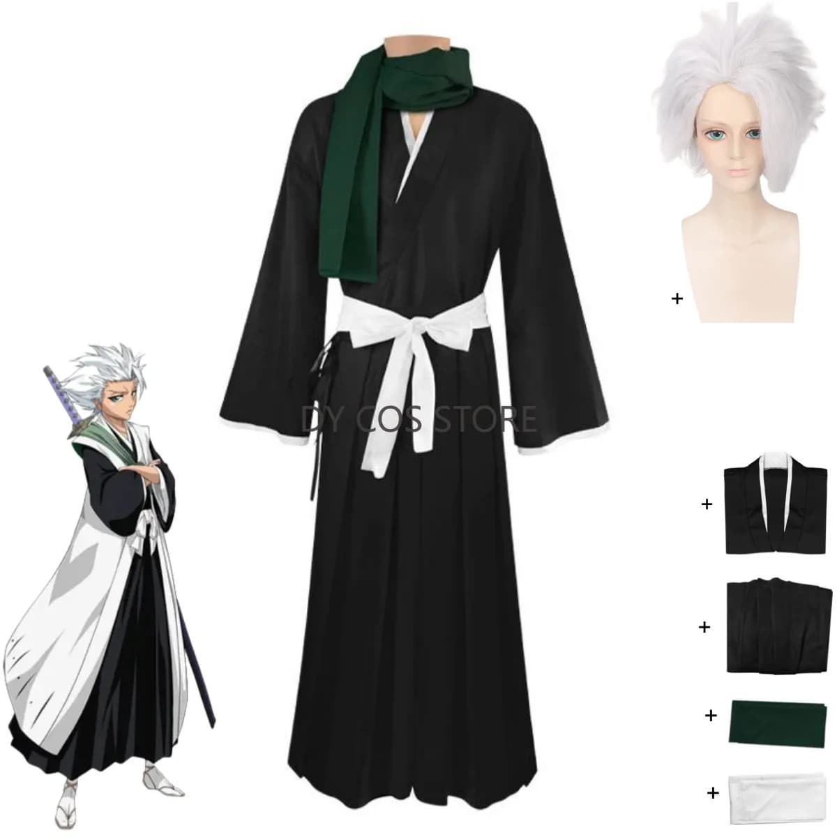 Anime Bleach Hitsugaya Toushirou Costume Cosplay Gotei 13 Capitano Kimono giapponese Accappatoio Sciarpa Parrucca Uomo Donna Vestito di Halloween
