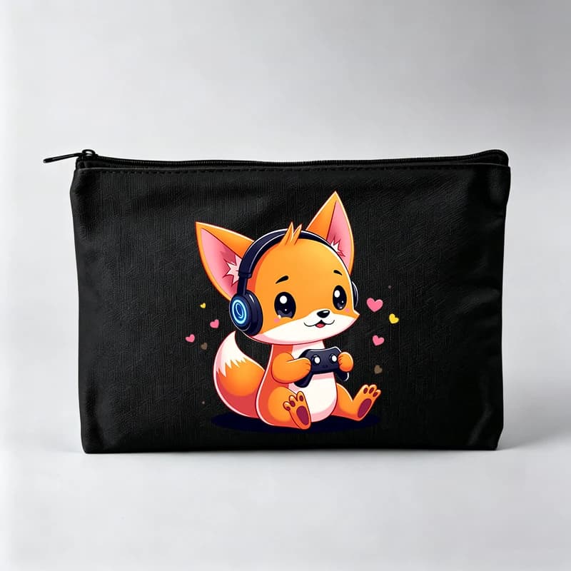 Women's Cute Fox with Headphones and Game Controller Graphic Makeup Bag, Zipper Cosmetic Pouch for Daily Use