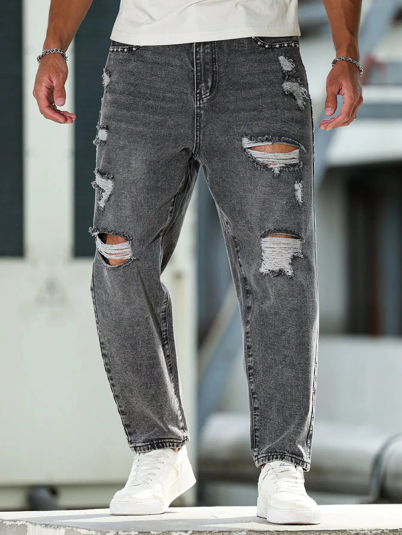 Pop Men's Trendy Black - Gray Ripped Jeans, Loose Harem Casual Pants With Personalized Rivet Decoration