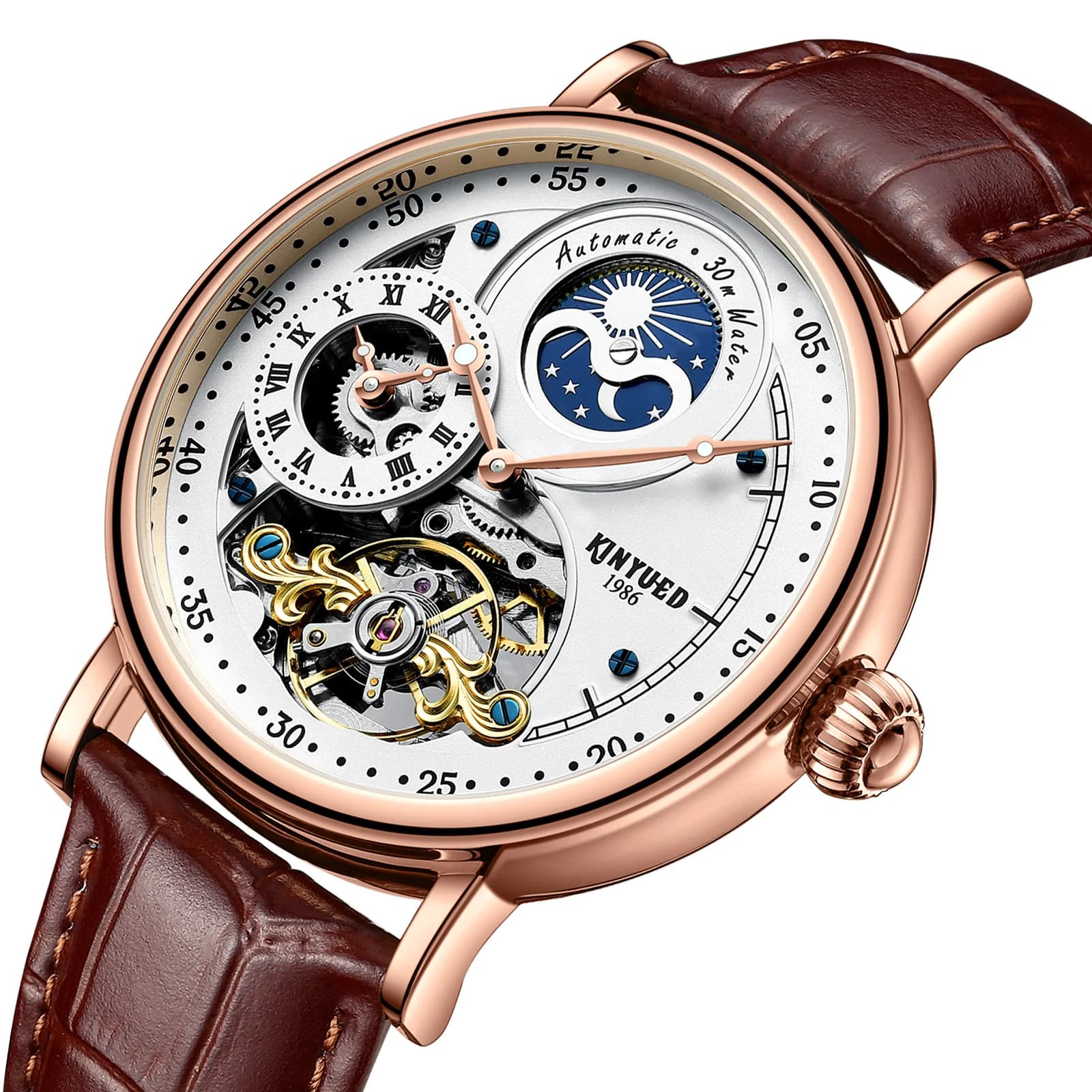 KINYUED Orologio da uomo di lusso GMT Tourbillon meccanico impermeabile luminoso orologio da polso da uomo automatico scheletrato di marca superiore