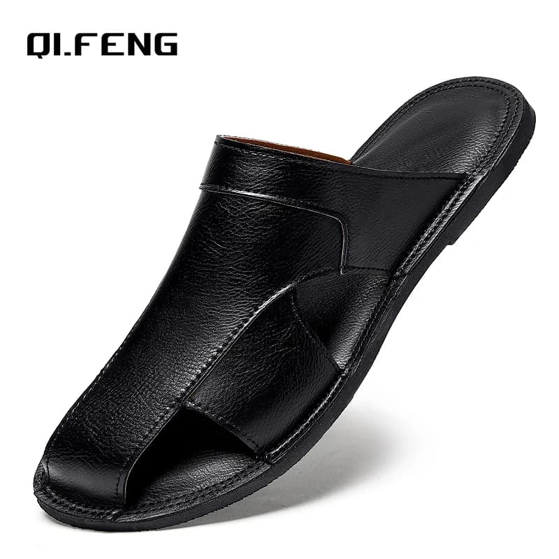 Men's Summer New Genuine Leather Slippers Rubber Soles Outdoor Fashion Casual Slippers Slip On Flat Bottom Large Shoes 38-47