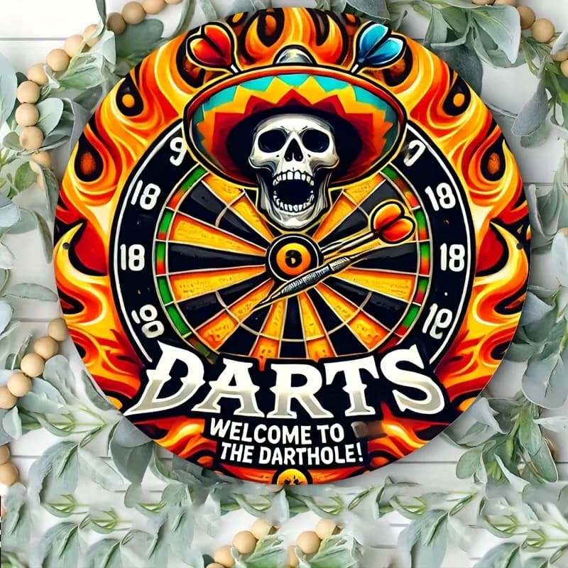 2D Flat, 1pc 2D Print Metal Aluminium Sign Room Decor 1pc 8x8inch "Vitality Skull and Flame" Dart Board Wall Art, Retro Metal Si