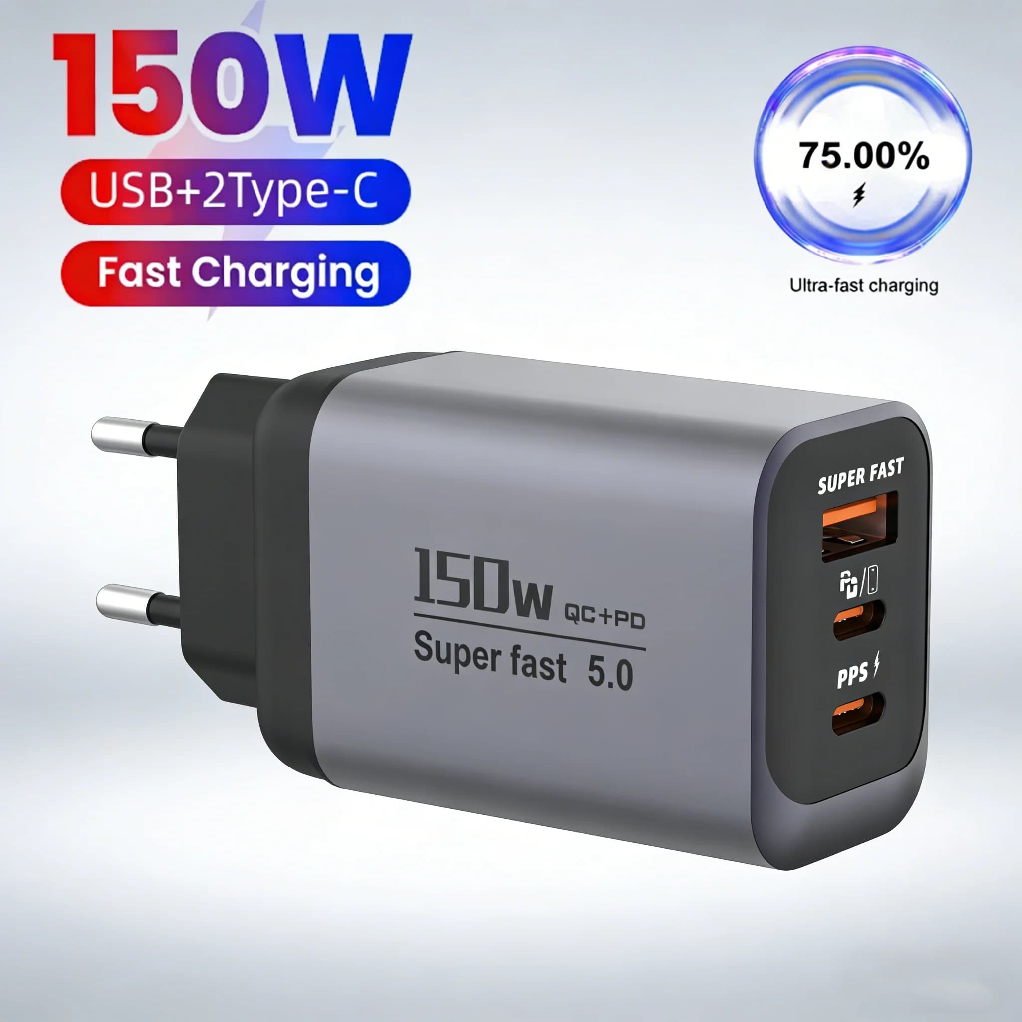 Caricatore USB C Multiporta da 150W con Ricarica Rapida PD3.0 e Quick Charge 3.0, Adattatore per Telefono per iPhone 17 16 Pro Samsung Xiaomi Huawei EU US UK
