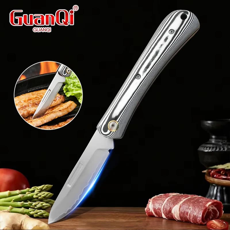 Coltello Multiuso Pieghevole in Acciaio Inossidabile con Manico in Legno per Tagliare Carne, Verdure e Pesce
