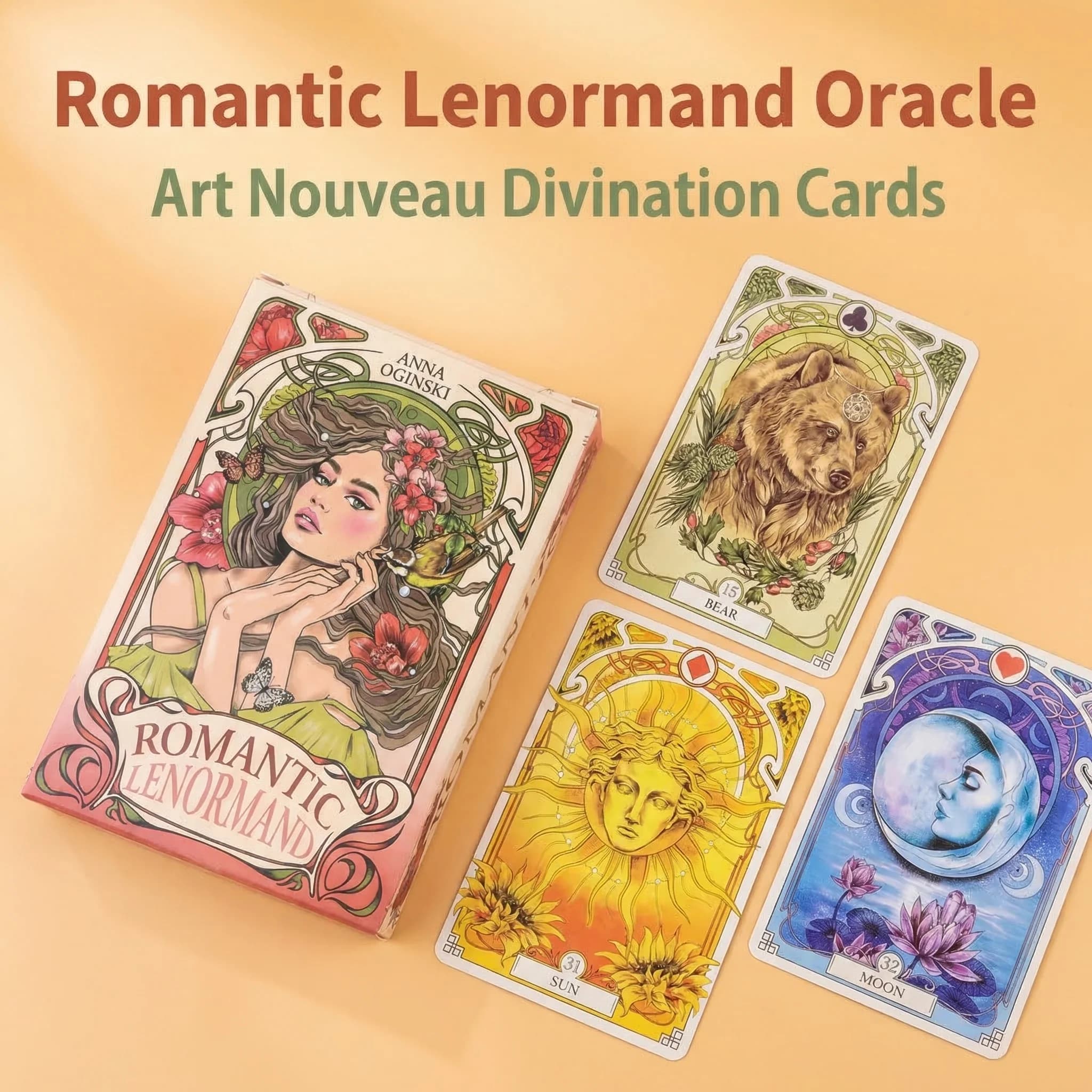 Carte oracolari romantiche Lenormand, 37 pezzi, mazzo di carte in inglese, gioco di divinazione floreale in stile Art Nouveau, 4*2,8 pollici