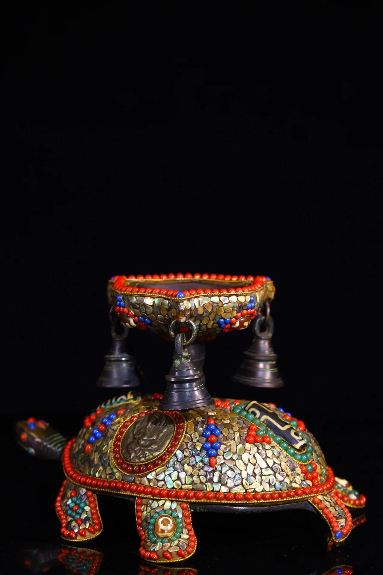 9"Tibetan Temple Collection Old Bronze Painted Mosaic Gem gZi Beads Shell Manjusri Buddha Bell Fortune Tortoise Worship Hall