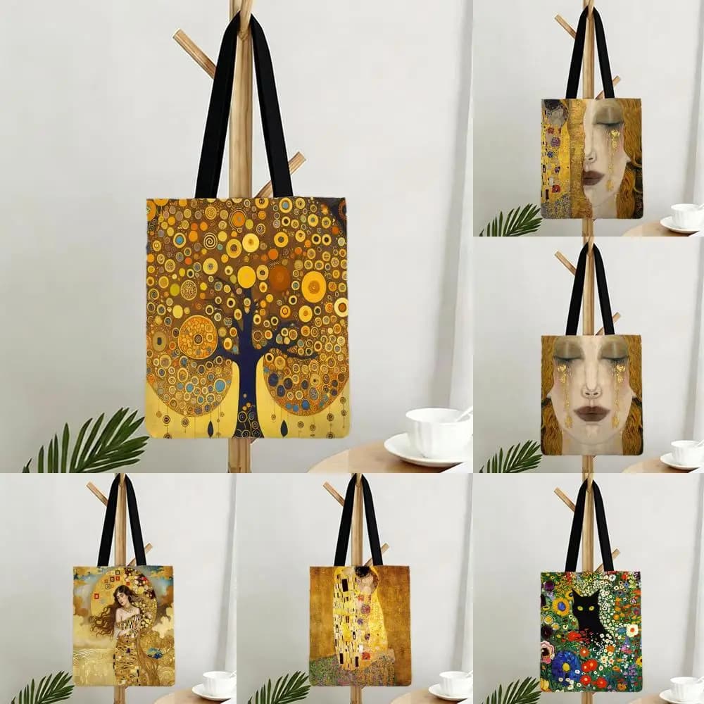 Casual Oil Painting G-Gustav Klimt Storage Bags Canvas Bags Series Print Bag Lightweight Shoulder Daily Shopping Bags