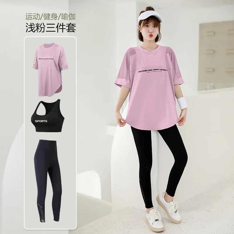 Maglietta allentata in rete + reggiseno + Leggings set da Yoga per donna abbigliamento da palestra Fitness ad asciugatura rapida abbigliamento sportivo da corsa