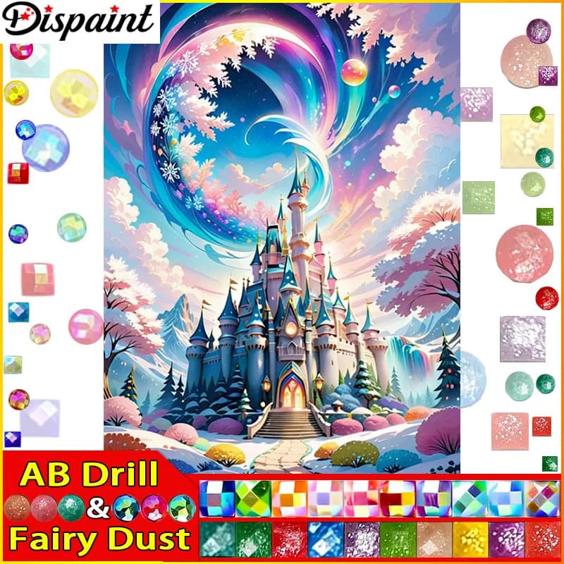 Dispaint Fata Polvere AB Trapano quadrato/rotondo 5D Pittura diamante fai da te "Castello Luna Albero" Ricamo Punto croce Pieno di strass Deco