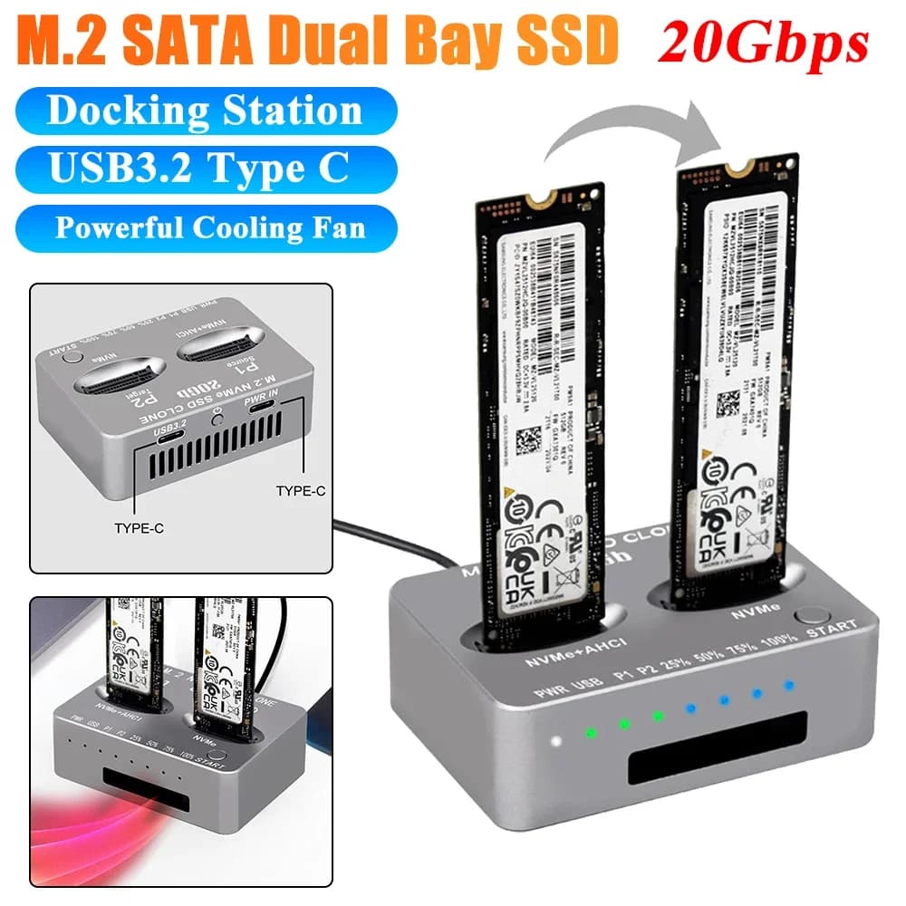 Docking station NVME Dual-Bay M.2 NVME SSD Clone 20Gbps USB 3.2 Tipo C Lettore di dischi stati per disco rigido esterno per M2 SSD M Key PC