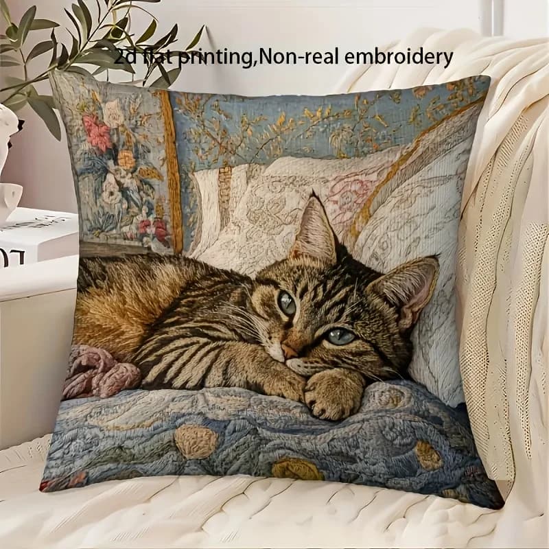 1pc Retro Oil Painting Cat Throw Pillow Cover 2D Double-Side Print Polyester Cushion Case for Home Sofa Car Office Decor