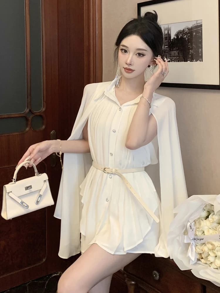 Elegant White Shawl Collar Pleated Chiffon Shirt Design Waist-Cinching Short Style with Belt French Style Loose Fit Summer ...