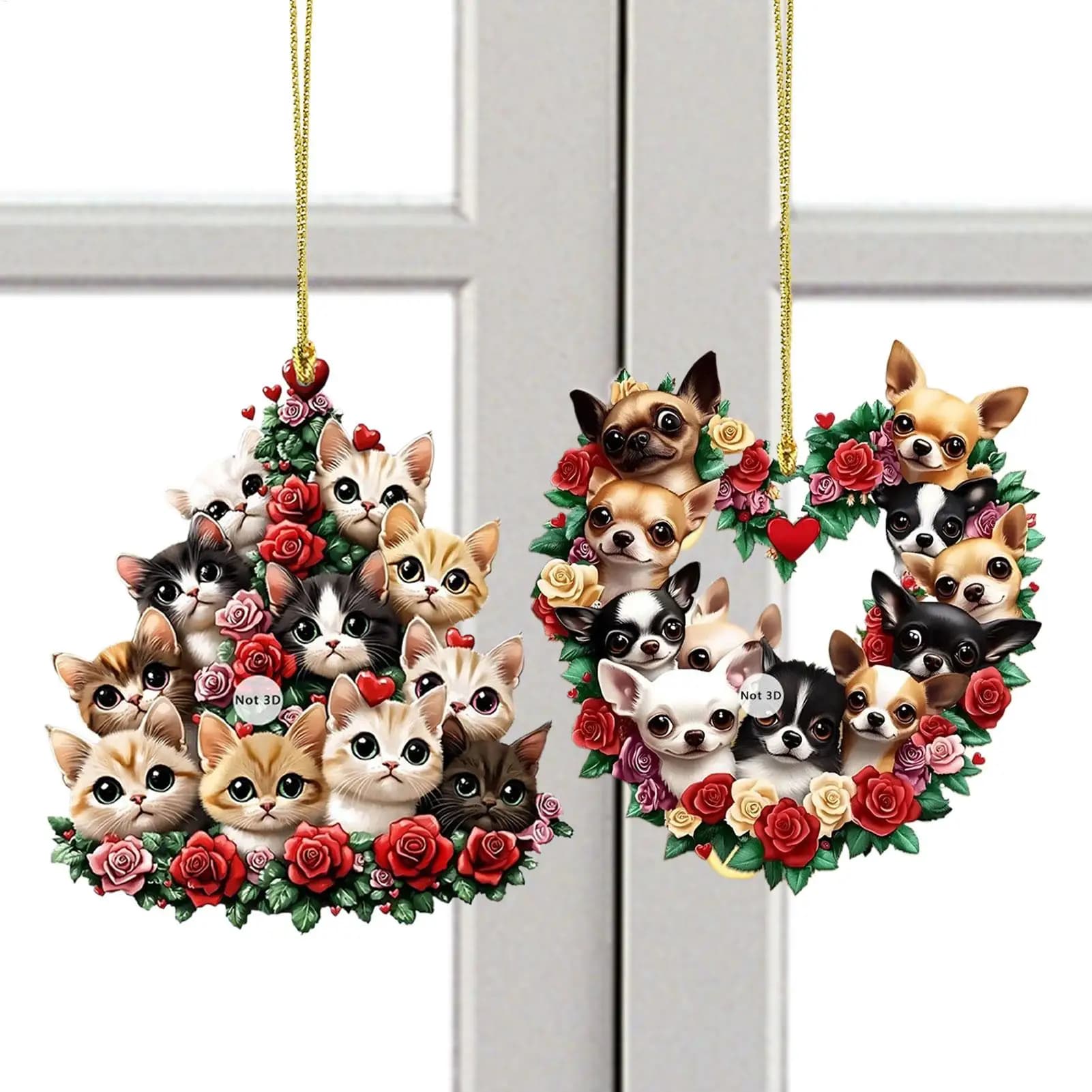 Decorazione per specchietto retrovisore per auto gatto 2 pezzi Cute Dog 2D Forniture natalizie in acrilico Simpatico ornamento per gatti di San Valentino per bambini Amici Albero