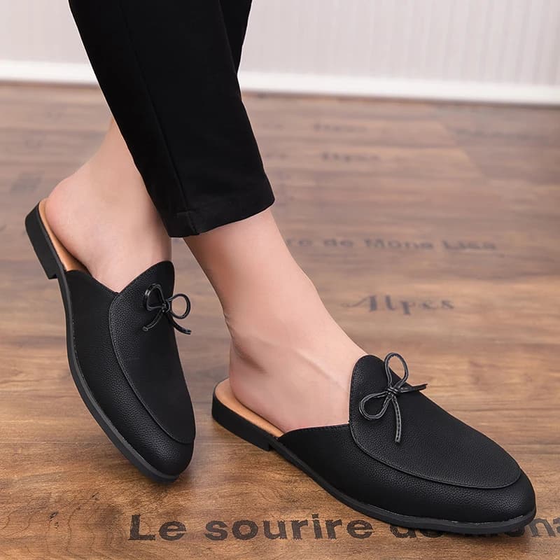 Men Fashion Slippers Men One Step Casual Comfortable Half Dragged Small Leather Shoes Men Outdoor Business Slippers Size 38-44