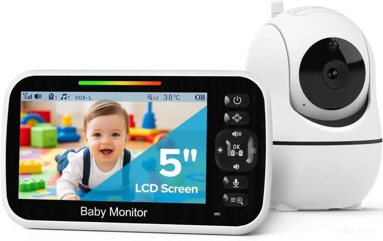 Baby Monitor da 5 pollici con telecamera, senza Wi-Fi, batteria da 30 ore, controllo PTZ, visione notturna, sensore di temperatura, audio bidirezionale e ninne nanne
