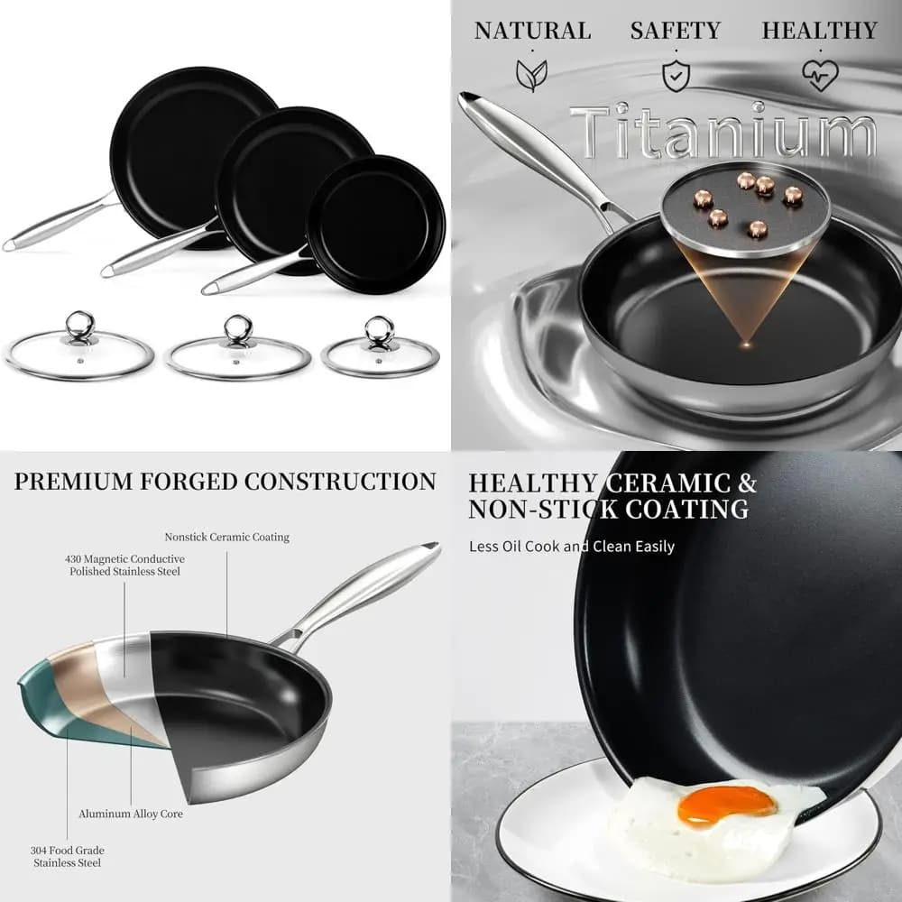 Set of 6-piece titanium ceramic non-stick pans with lids, perfect for omelets, eggs and cooking