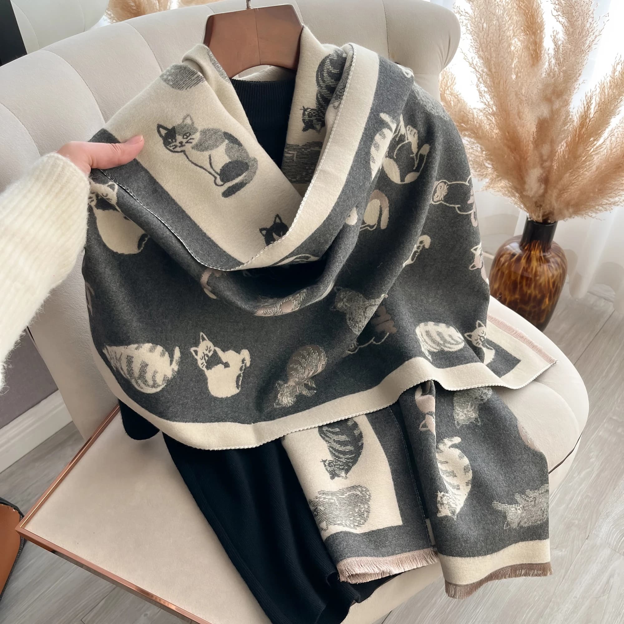 Elegante gatto animale da donna Pashmina Autunno Inverno Calore spesso Nappa bifacciale Il scialle Sciarpa coperta antivento resistente al freddo
