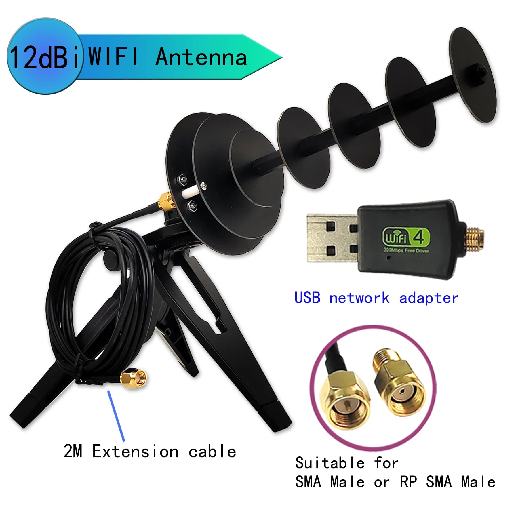 14dBi 2.4G Antenna WiFi Amplificatore di segnale direzionale ad alto guadagno Laptop PC desktop Dongle USB Adattatore per scheda di rete wireless