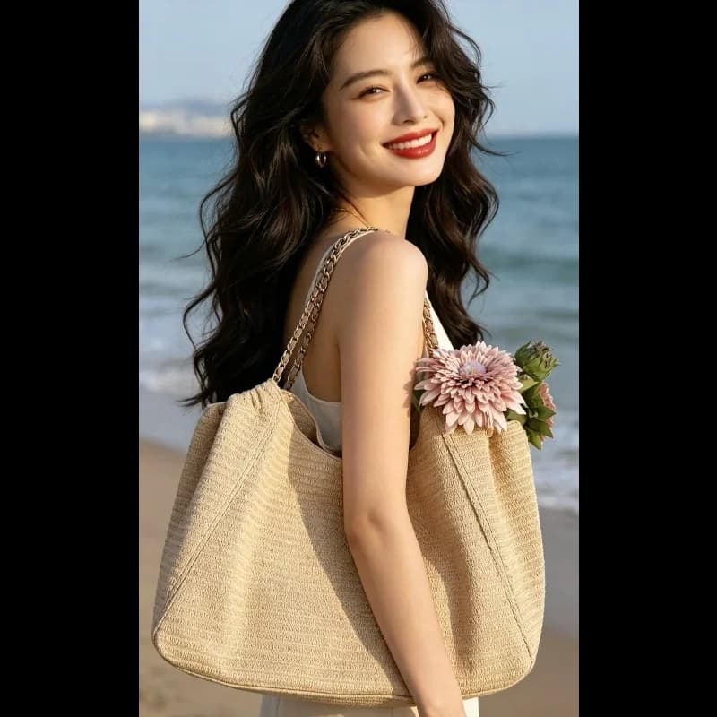 Chain Raffia 2026 Summer Beach Straw Bag Large Capacity Travel Vacation Braided Handbag Casual Tote Bag Women Outdoor Handbag
