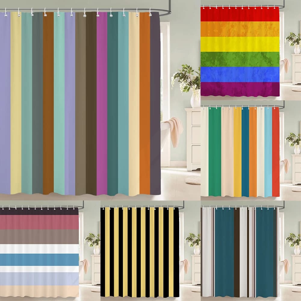 1 pz tenda da doccia striscia colorata stampata tenda da bagno tessuto in poliestere tenda impermeabile per la decorazione della casa con ganci