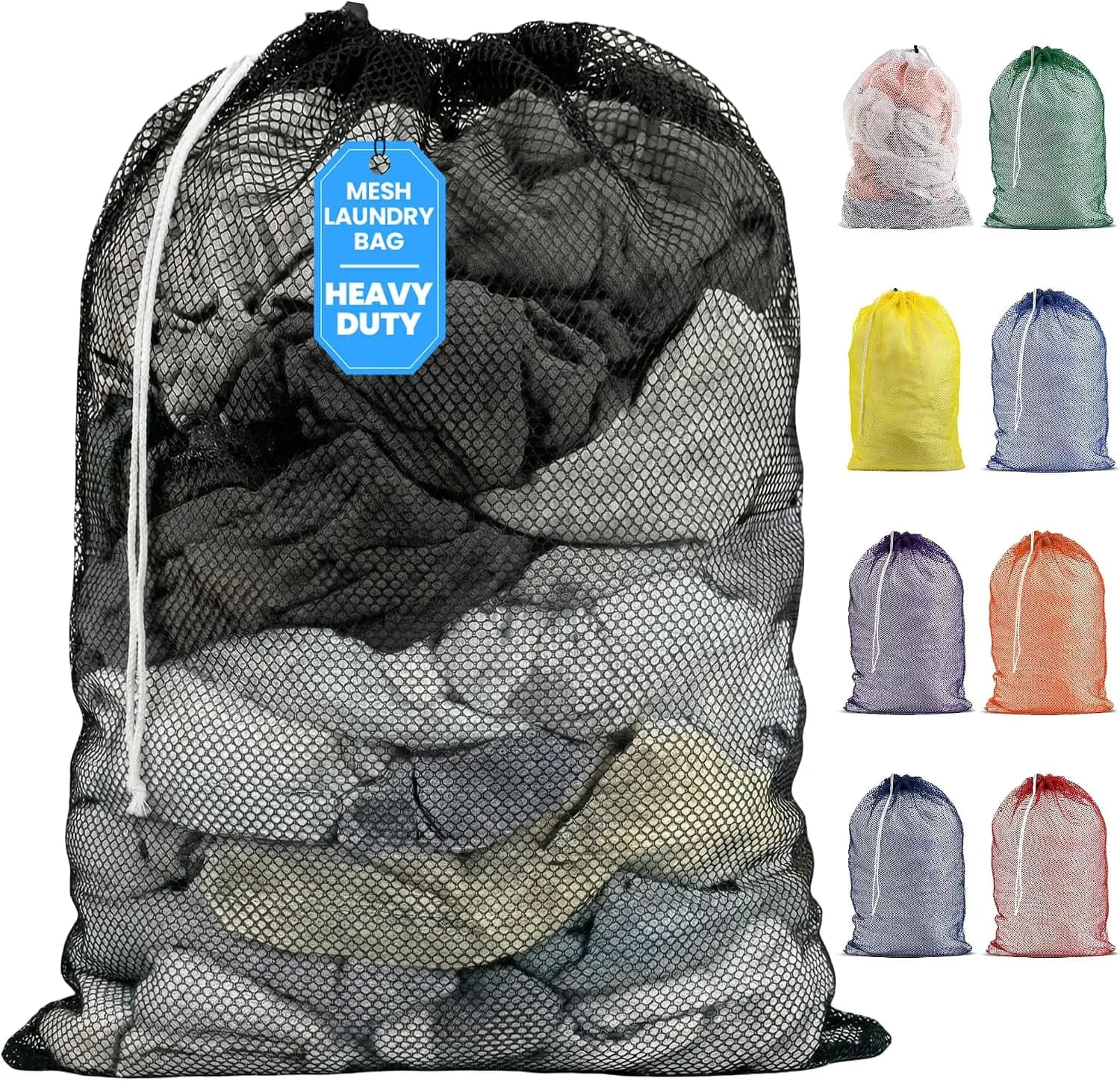 XL 24x36 Mesh Laundry Bag, Heavy Duty, Secure Drawstring, Machine Washable, Dorm Travel Storage, Black